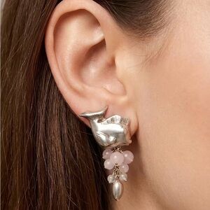 Folli Follie Rose Quartz Sterling Silver Whimsical Dolphin Earrings